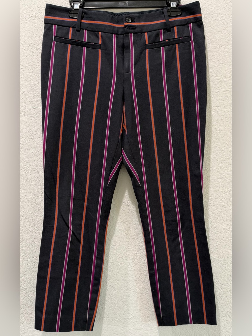 Anthropologie The Essential Slim Striped Ankle Pants Black & Pink US 10